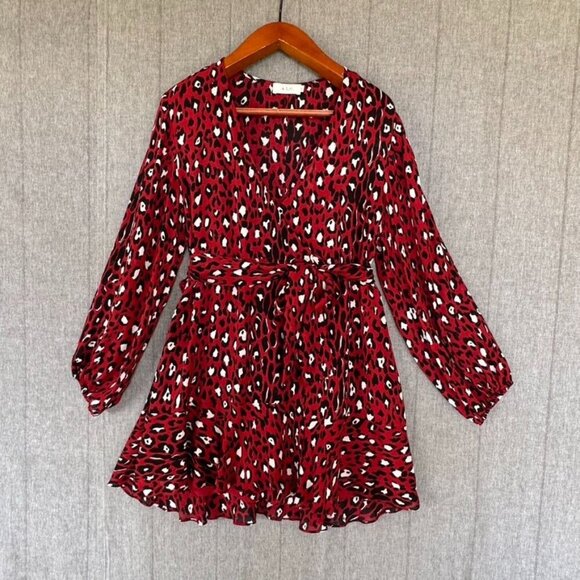 A.L.C. Michaela 100% Silk Red Cheetah Print Ballon Sleeve True Wrap Mini Dress - Picture 3 of 17